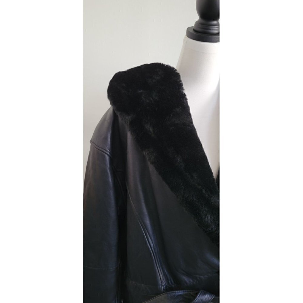 Rare Vintage Genuine Leather Fur Black Belted Hood Coat Jacket Women Size L - Picture 6 of 14